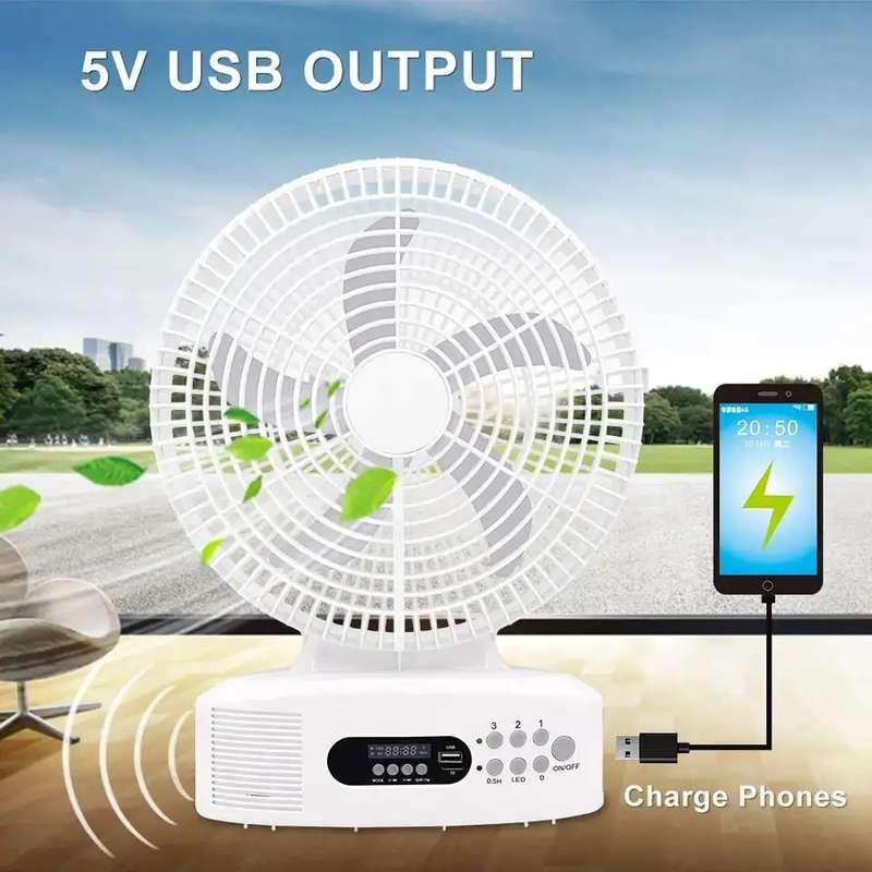 Smart 12 Inch Rechargeable Portable Table Fan with Built-in Speaker, LED Light, FM Radio, Powerbank