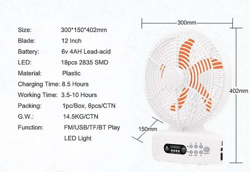 Smart 12 Inch Rechargeable Portable Table Fan with Built-in Speaker, LED Light, FM Radio, Powerbank