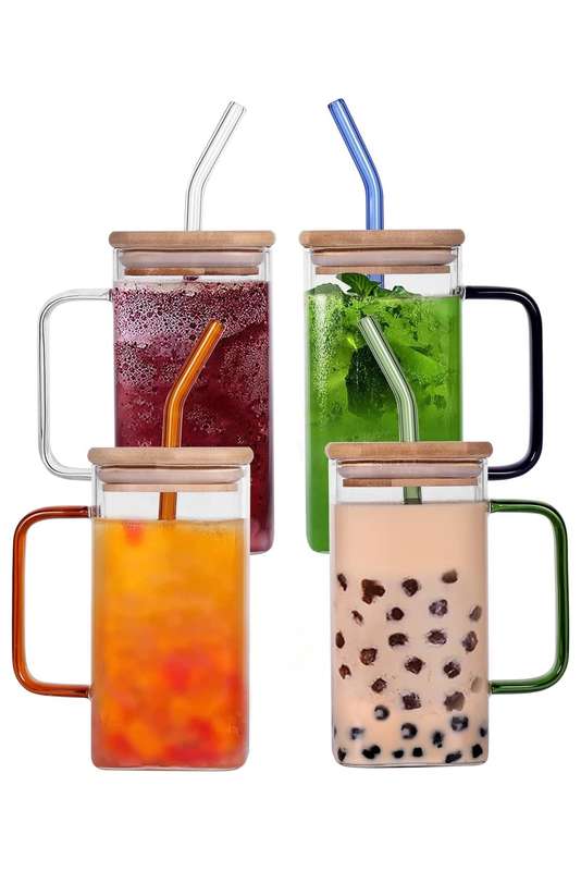 Clear Square Glass Cups with Lids &amp; Straws Tumbler 370ml