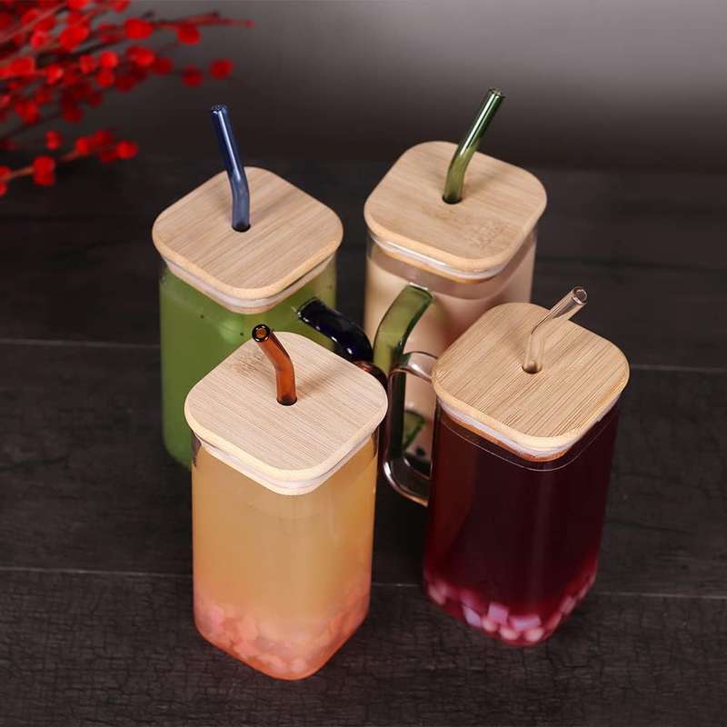 Clear Square Glass Cups with Lids &amp; Straws Tumbler 370ml