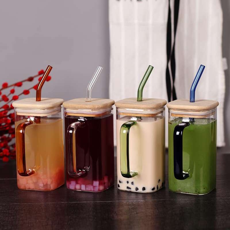 Clear Square Glass Cups with Lids &amp; Straws Tumbler 370ml