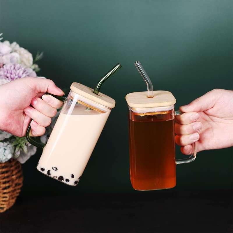 Clear Square Glass Cups with Lids &amp; Straws Tumbler 370ml