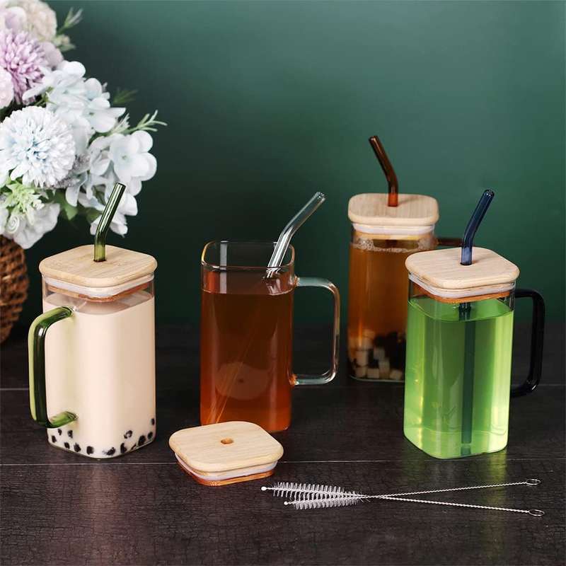 Clear Square Glass Cups with Lids &amp; Straws Tumbler 370ml