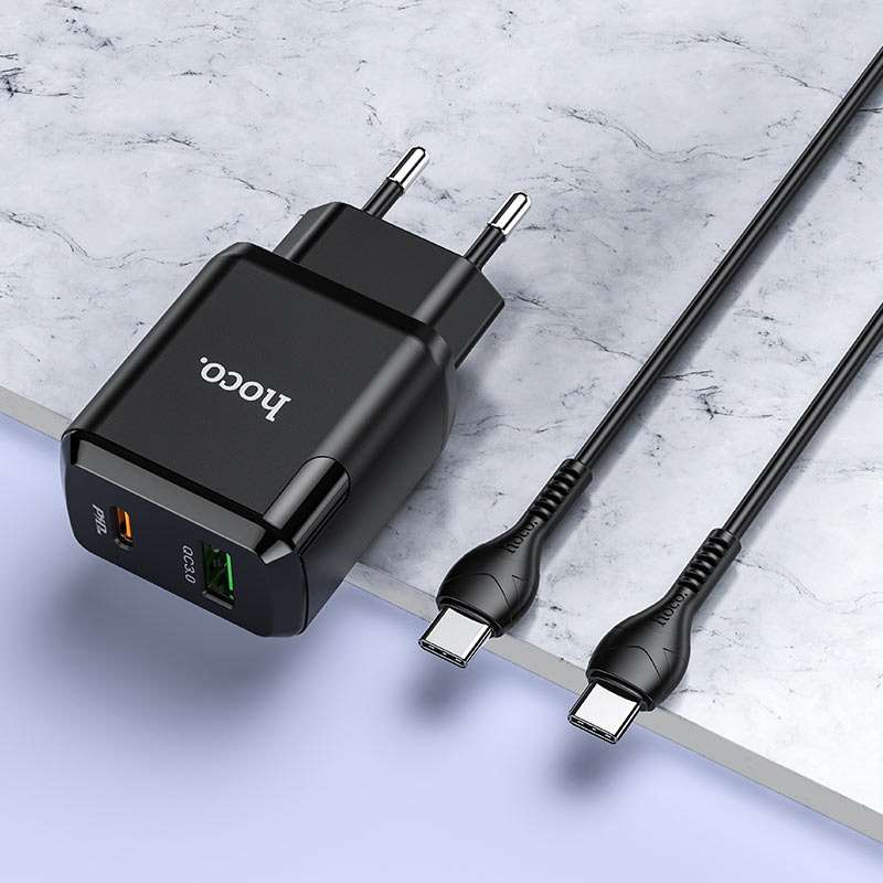 HOCO CS14A Dual Ports PD 20W USB-C / Type-C + QC 3.0 USB With Type C To Type C Cable 1m