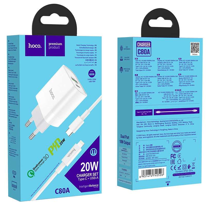 Hoco C80A Type-C to Lightning PD + QC3.0 Charger