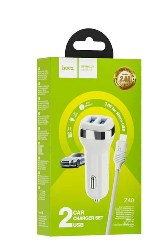 Hoco Car charger Z40 Superior Dual Port Set With Cable USB To Micro