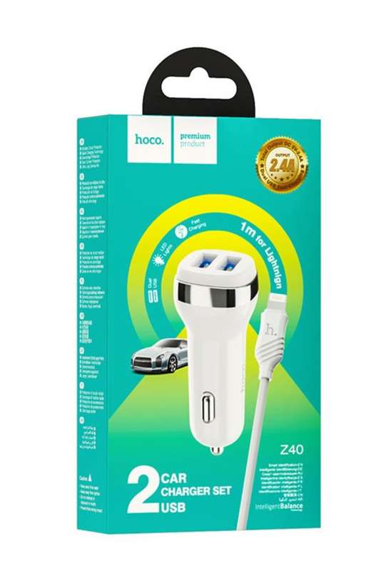 Hoco Car charger Z40 Superior Dual Port Set With Cable USB To iPhone