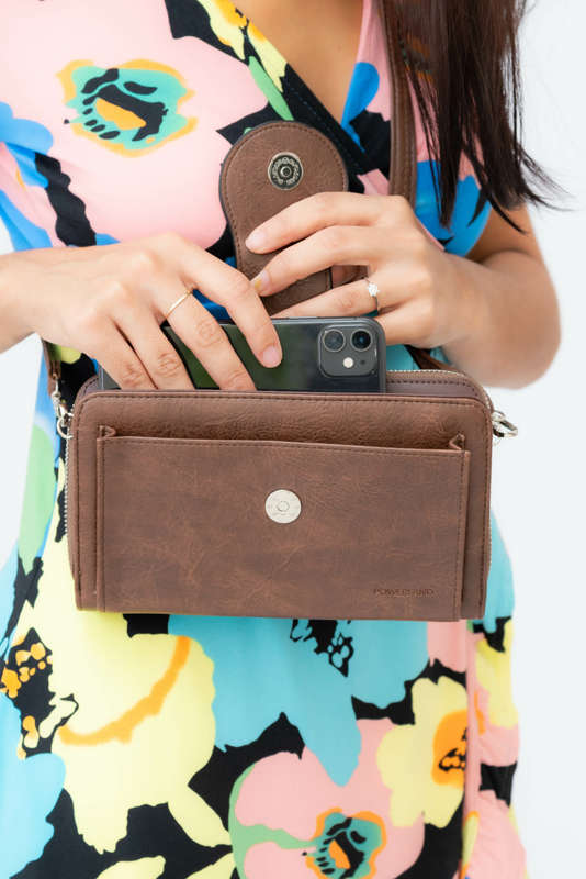 Powerland Leather Crossbody Sling Wallet Purse with Phone Holder Clutch Bag