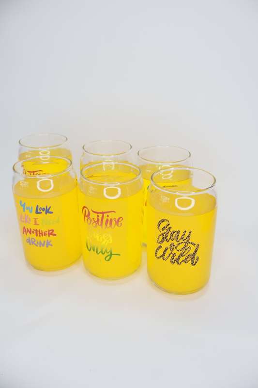 6 Printed Can Shaped Drinking Glass Tumblers