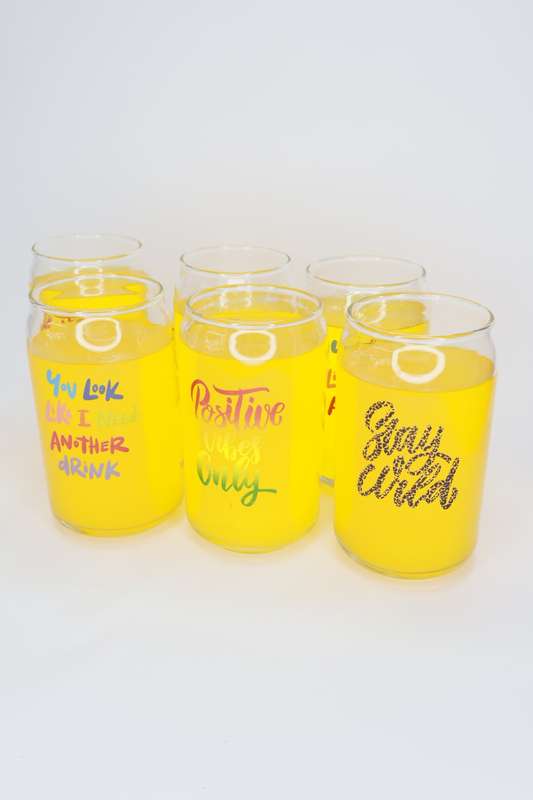 6 Printed Can Shaped Drinking Glass Tumblers