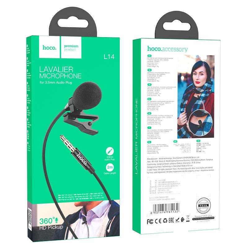 HOCO Microphone Hands Free Clip-on Mic Lavalier For Smartphone & PC Audio Plug 3.5mm