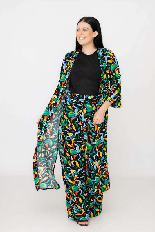 Ladies Hudson 2 Piece Printed Pants &amp; Kimono Summer Set With Free Bodysuit to Match
