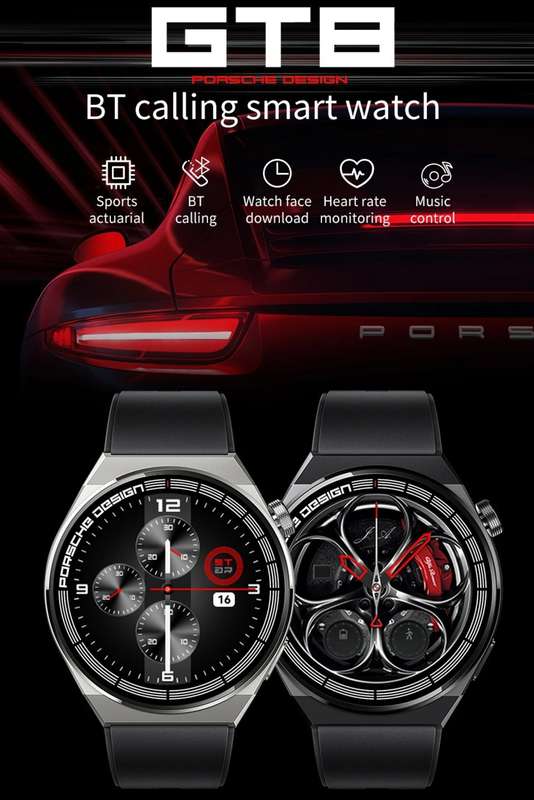 Smart Watch GT8 Porsche Design Bluetooth Call Heart Rate Fitness Tracker Black