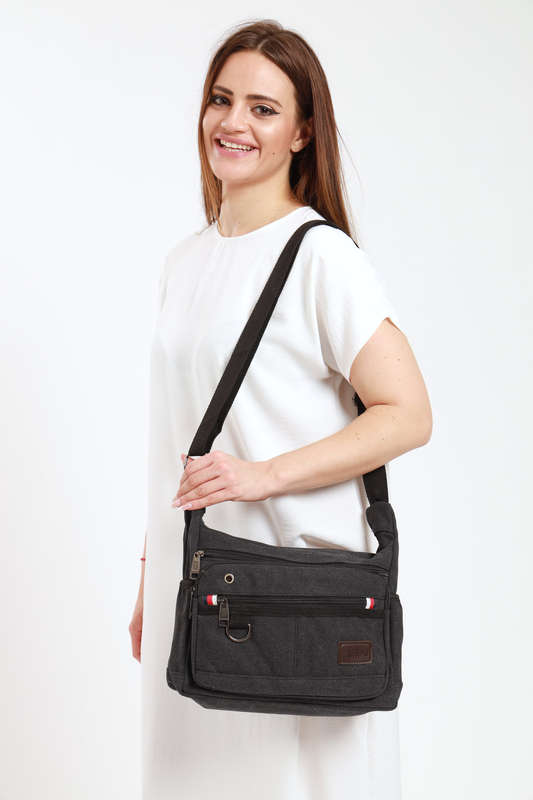 Canvas Unisex Multi Zipper Sling Shoulder Bag Crossbody Travel Messenger Bag