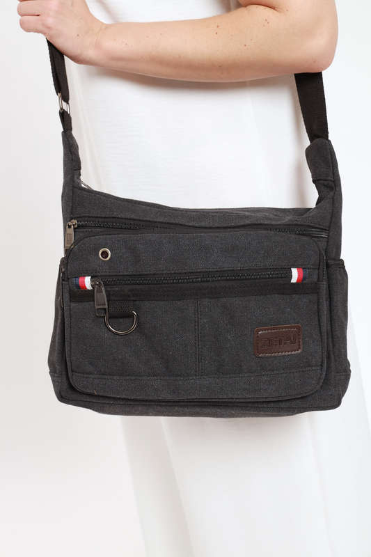 Canvas Unisex Multi Zipper Sling Shoulder Bag Crossbody Travel Messenger Bag