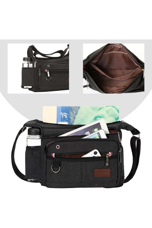 Canvas Unisex Multi Zipper Sling Shoulder Bag Crossbody Travel Messenger Bag