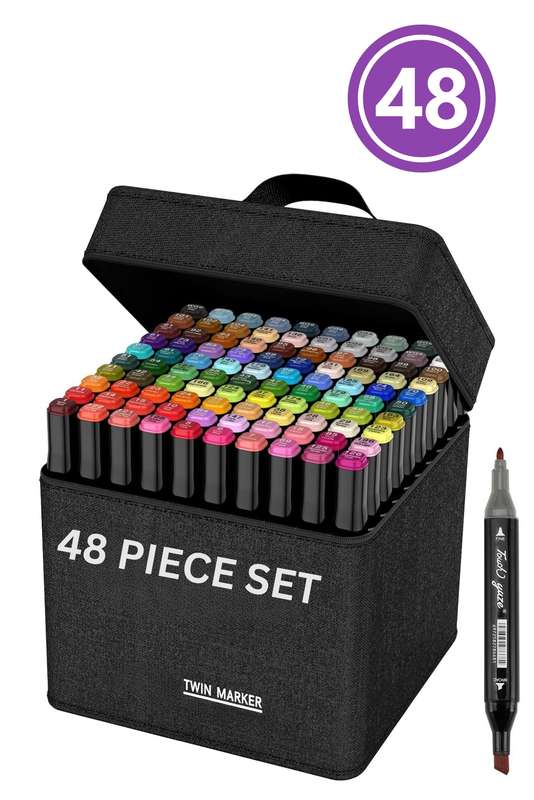 Dual Tip Head Colouring Marker Pen Set With Carry Bag 48s