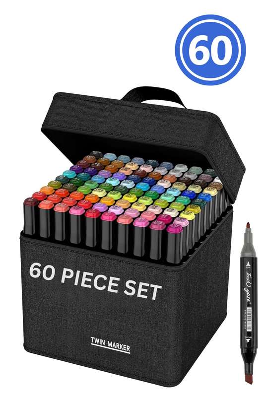 Dual Tip Head Colouring Marker Pen Set With Carry Bag 60s