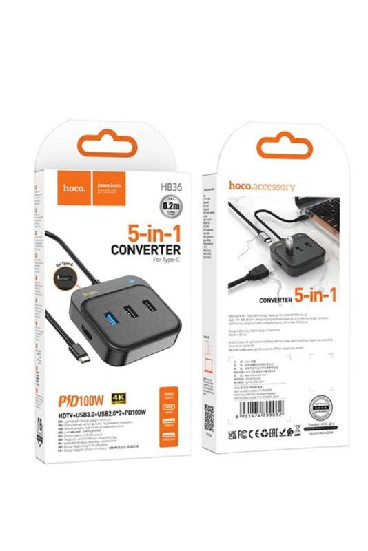 HOCO HB36 5 in 1 HDTV+USB3.0+USB2.0x2+PD100W Converter, Cable Length: 0.2m