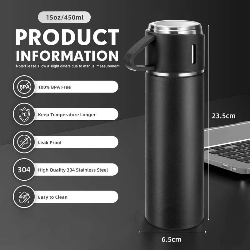Thermos Vacuum Double Wall Of Stainless Steel Flask Set With 3 Cups 500ml