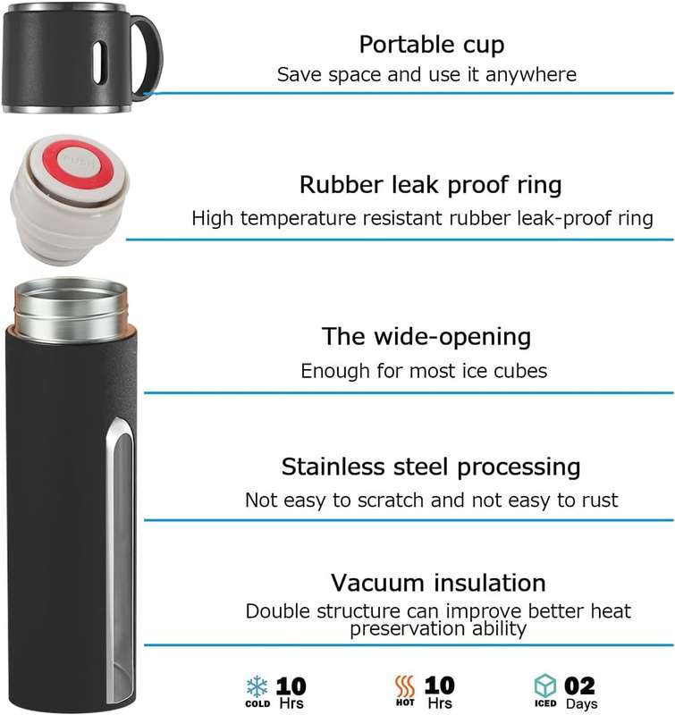 Thermos Vacuum Double Wall Of Stainless Steel Flask Set With 3 Cups 500ml