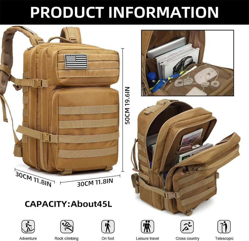 Senza 45L Heavy Duty Military Tactical Army Backpack With Multiple Compartments Camo Print