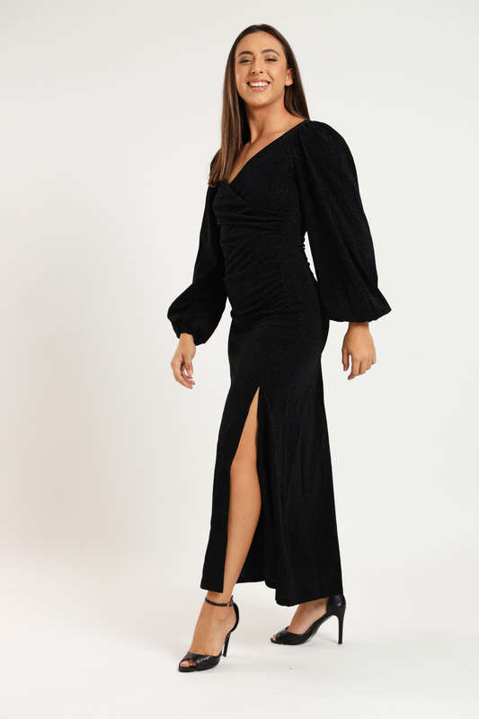 Cindy Shimmer Long Sleeve Evening Formal Maxi Dress
