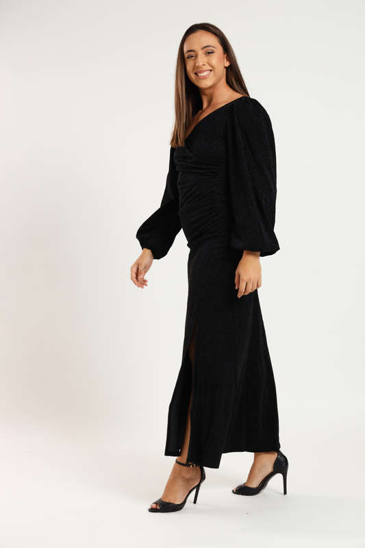Cindy Shimmer Long Sleeve Evening Formal Maxi Dress