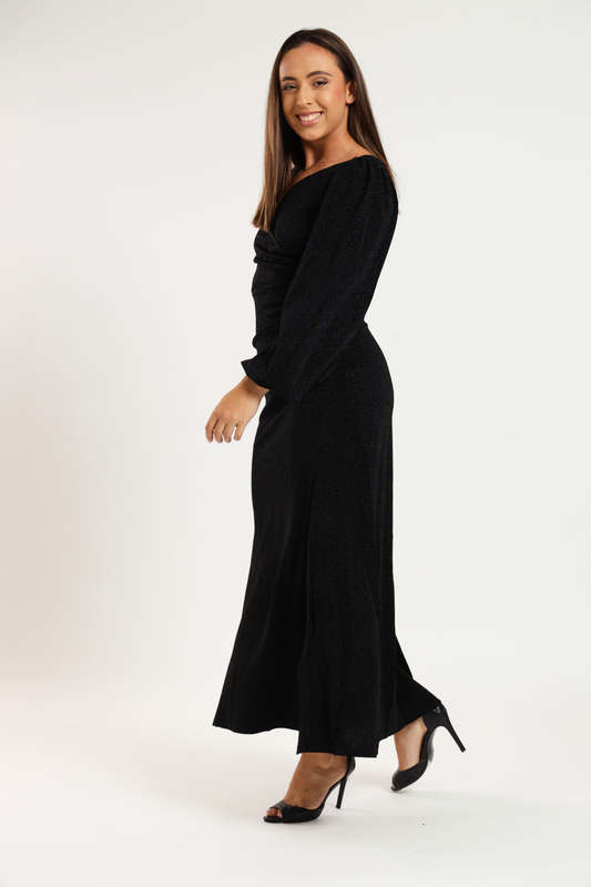 Cindy Shimmer Long Sleeve Evening Formal Maxi Dress