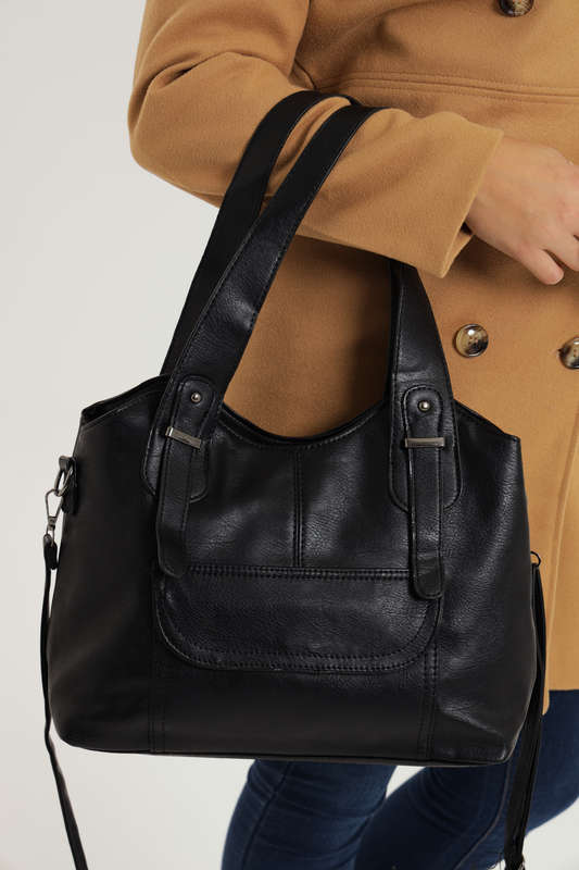 Ladies Faux Leather Handbag With Multiple Compartments Black
