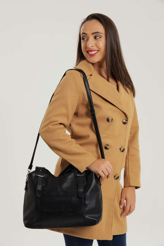 Ladies Faux Leather Handbag With Multiple Compartments Black