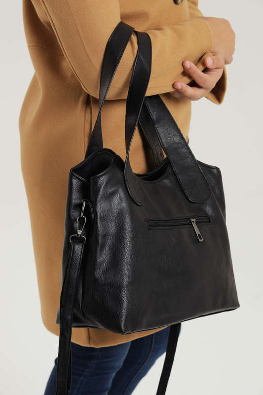 Ladies Faux Leather Handbag With Multiple Compartments Black