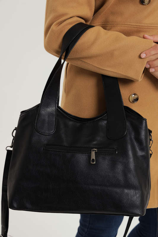 Ladies Faux Leather Handbag With Multiple Compartments Black
