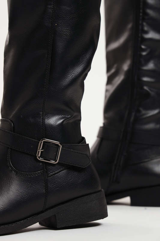 Ladies Knee High Black Boot Side Buckle