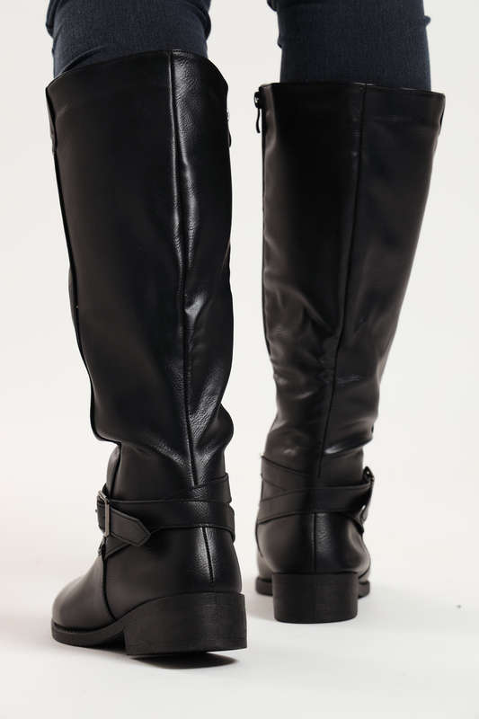 Ladies Knee High Black Boot Side Buckle