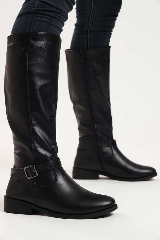 Ladies Knee High Black Boot Side Buckle