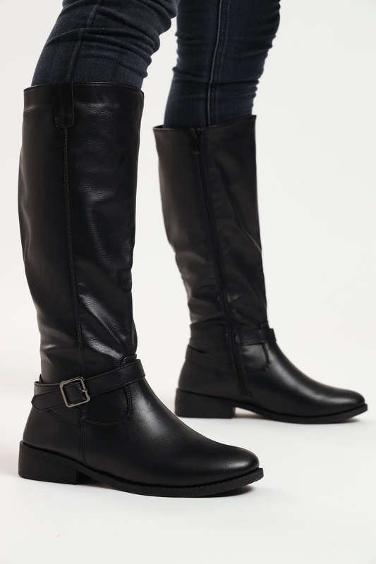 Ladies Knee High Black Boot Side Buckle