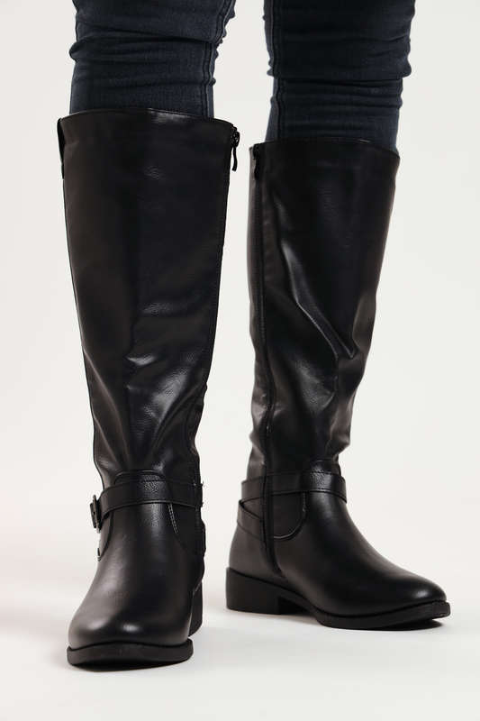Ladies Knee High Black Boot Side Buckle