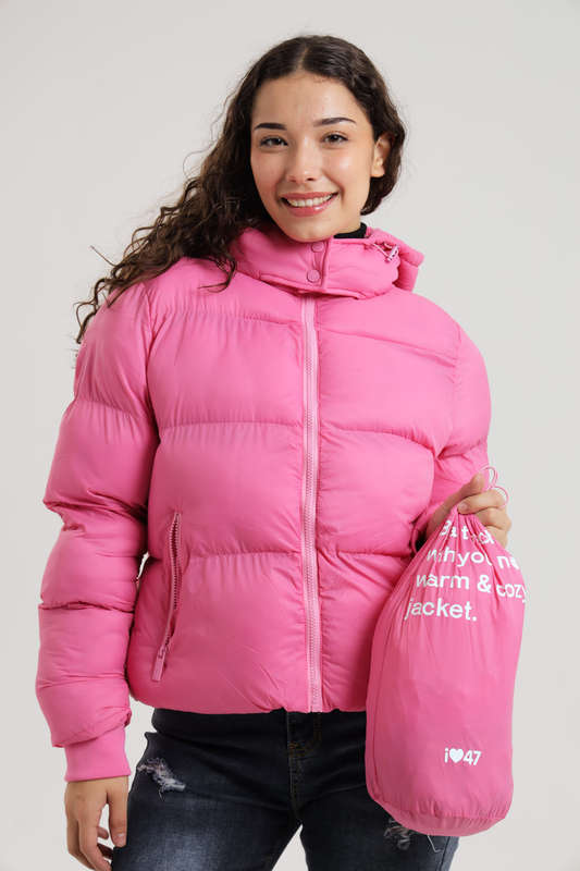 Ladies Winter Hooded Puffer Jacket With Easy Carry Bag