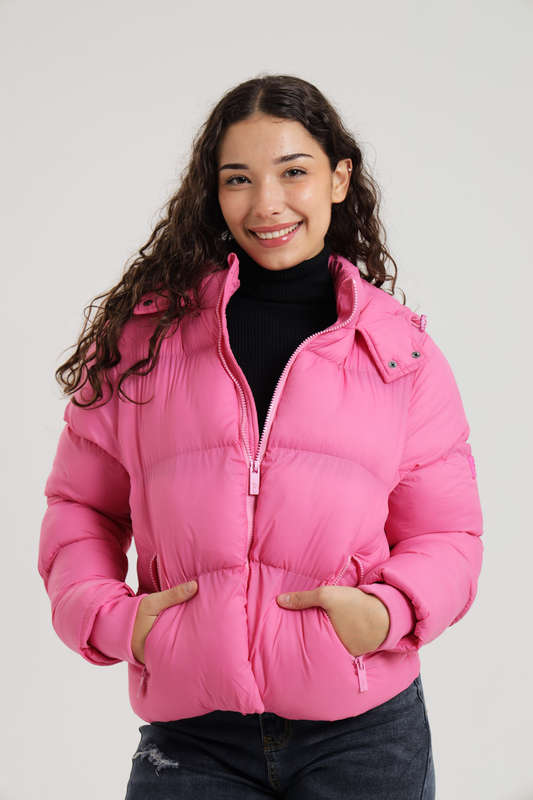 Ladies Winter Hooded Puffer Jacket With Easy Carry Bag