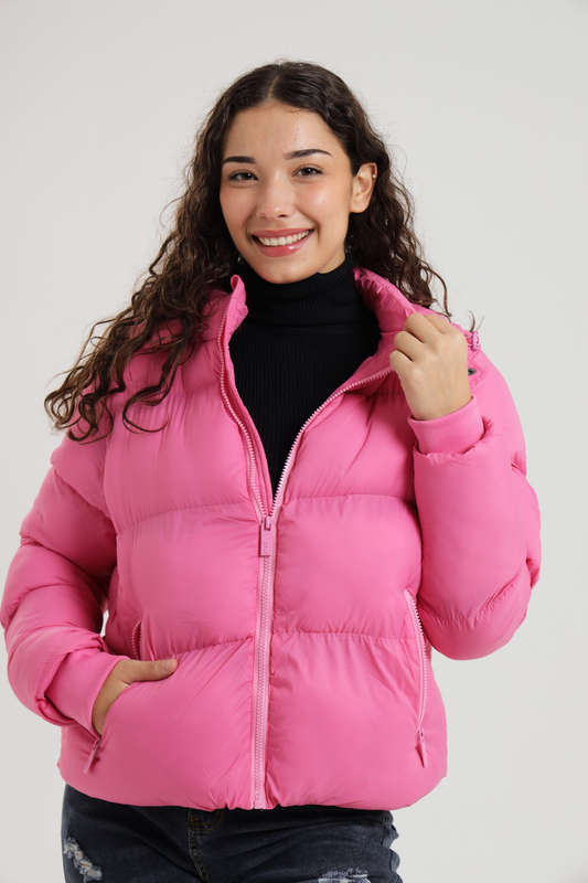 Ladies Winter Hooded Puffer Jacket With Easy Carry Bag