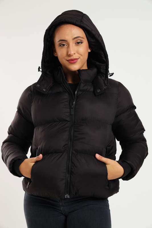 Ladies Winter Hooded Puffer Jacket With Easy Carry Bag