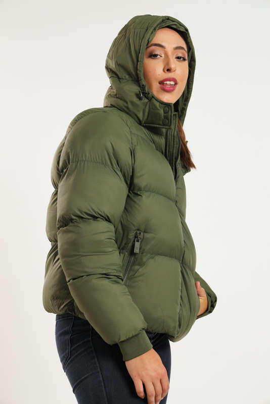 Ladies Winter Hooded Puffer Jacket With Easy Carry Bag