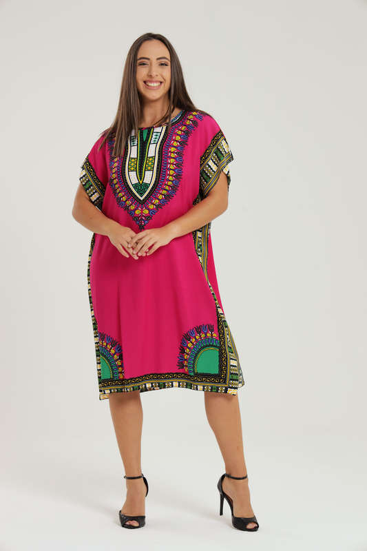 Lisa Dashiki Cotton Kaftan Short Sleeve Mid Length Maxi Dress