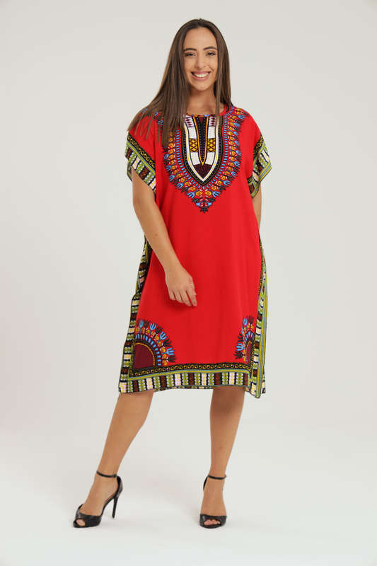 Lisa Dashiki Cotton Kaftan Short Sleeve Mid Length Maxi Dress