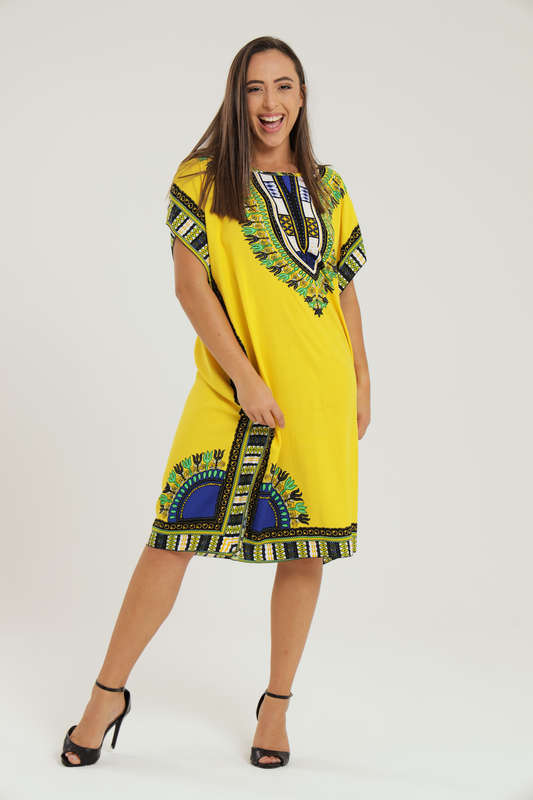 Lisa Dashiki Cotton Kaftan Short Sleeve Mid Length Maxi Dress