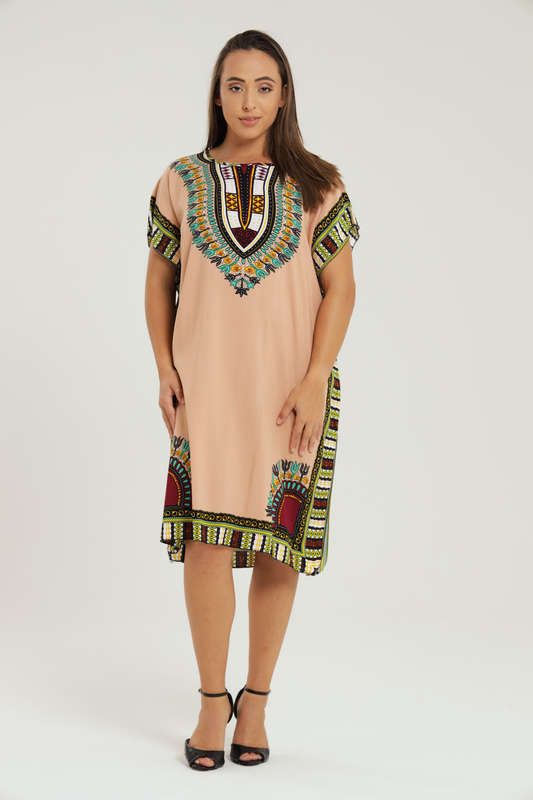 Lisa Dashiki Cotton Kaftan Short Sleeve Mid Length Maxi Dress