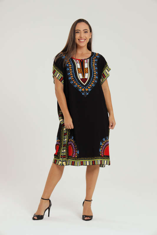 Lisa Dashiki Cotton Kaftan Short Sleeve Mid Length Maxi Dress