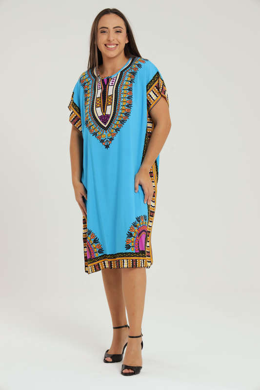 Lisa Dashiki Cotton Kaftan Short Sleeve Mid Length Maxi Dress