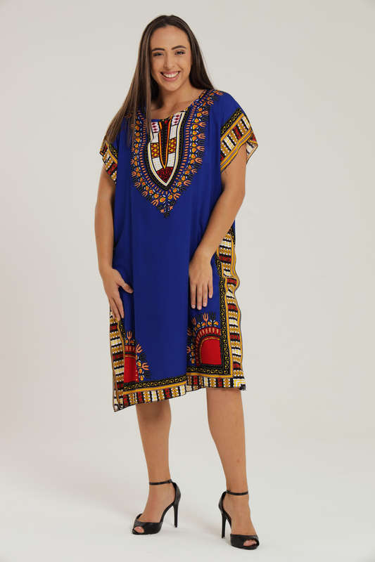 Lisa Dashiki Cotton Kaftan Short Sleeve Mid Length Maxi Dress